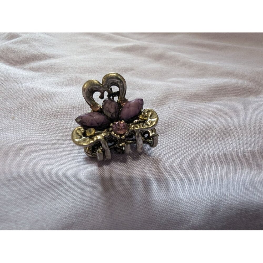 Vintage Heart-Shaped Floral Hair Clip With Purple Stones & Rhinestones